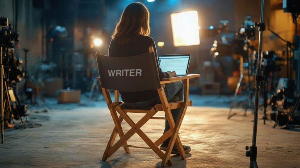 image of woman in writers chair on set